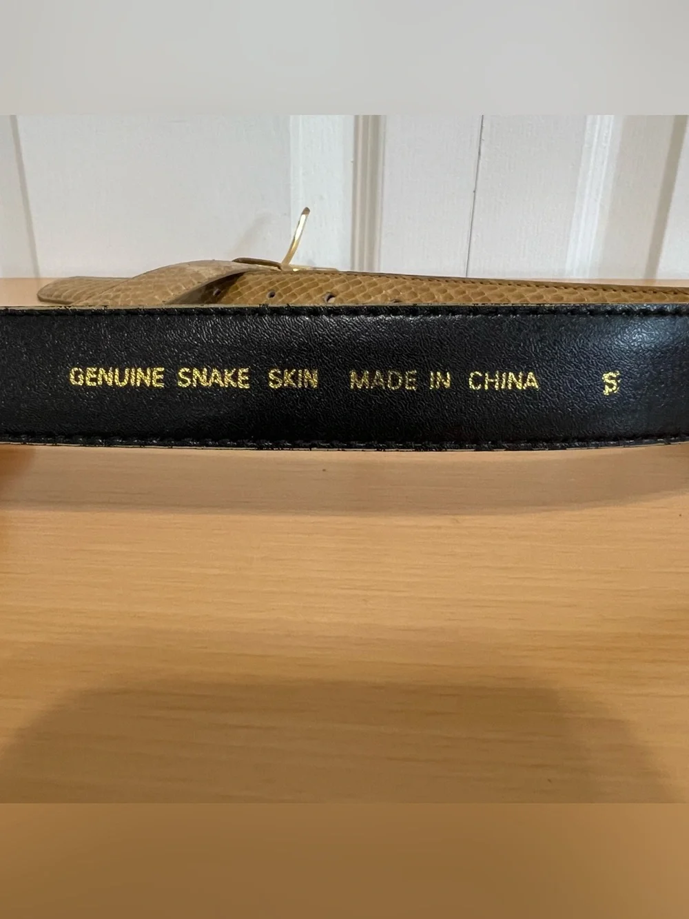 Women's Tan Snake Skin Leather Belt with Gold Buckle Size Small